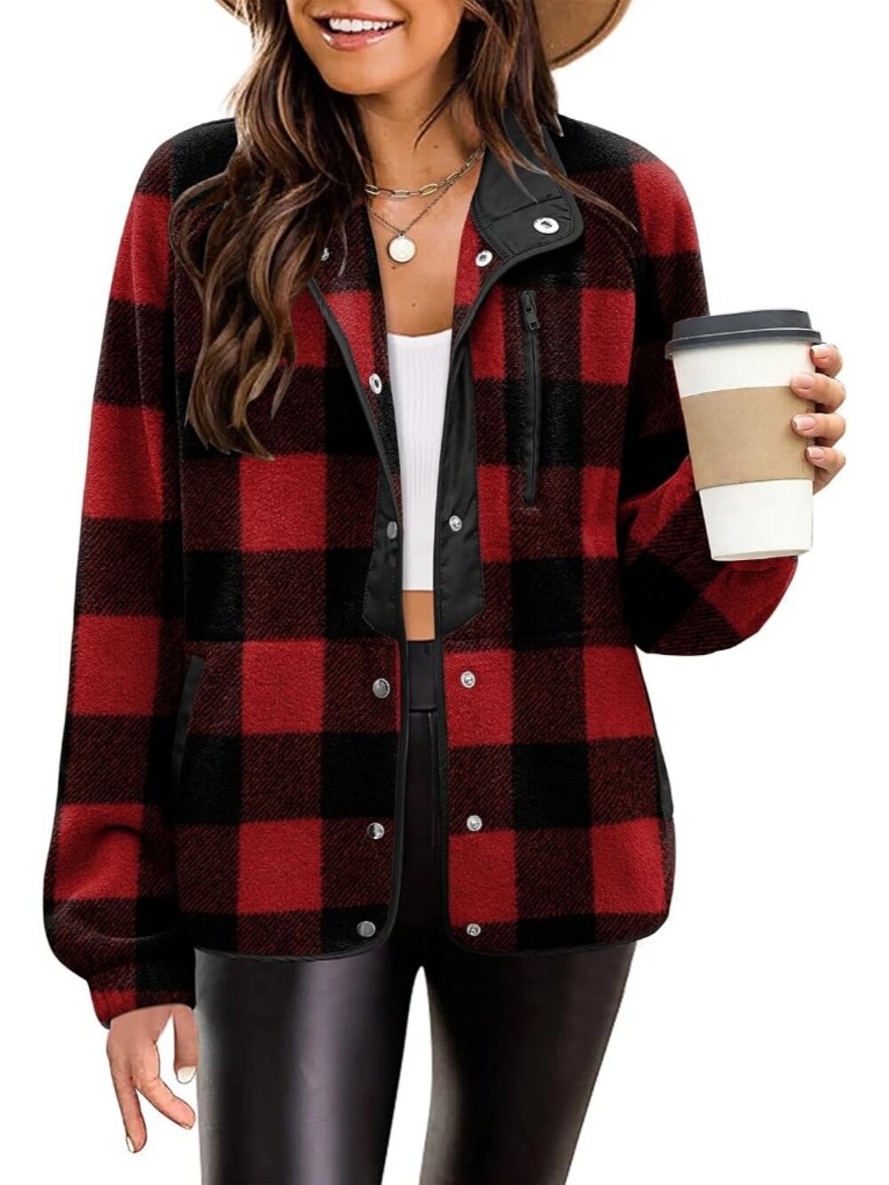 Women's Black Plaid Fleece Jacket Western Aztec Print Snap Button Down Outerwear